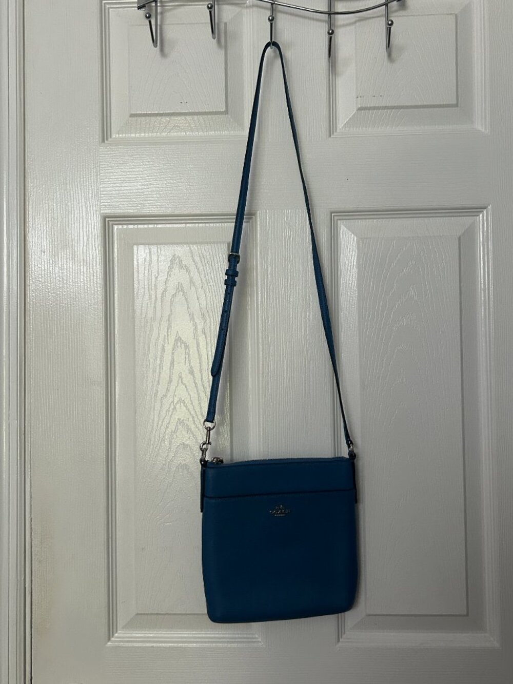 Coach Kitt Messenger Crossbody Bag Blue Crossgrain Leather Exterior Pocket Chic - Picture 11 of 13